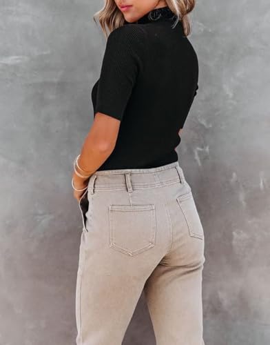 Image of Lacozy Women Casual Short Sleeve Shirt Basic Mock Neck Top Slim Fit Ribbed Knit Pullover Sweater