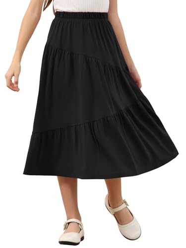 GORLYA Girls Holiday Casual Asymmetrical Tiered Ruffle Hem Long Swing Boho Fancy Maxi Skirt 6-14Y(GOR1231,10Y,Black)