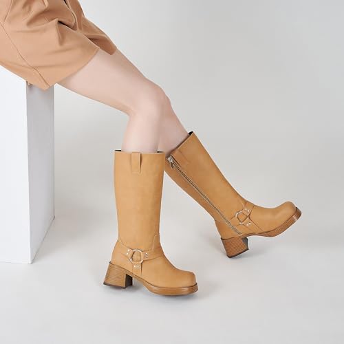 Women's Camel Suede Boots for Women Chunky Heel Square Toe Biker Boot with Buckle Strap Fashion Mid Calf Riding Boot4