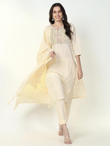 Image of SHOWOFFFF Women Floral Three-Piece Straight Festive Kurta Set | Round Neck 3 /4th Sleeves Cotton Kurta Set for Womens | Mid-Rise Regular Fit Calf Length Kurta Set for Women's