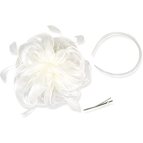 DZOZO Chapeau bibi en plumes et maille fleurie avec pince et bandeau pour femme Blanc Cover