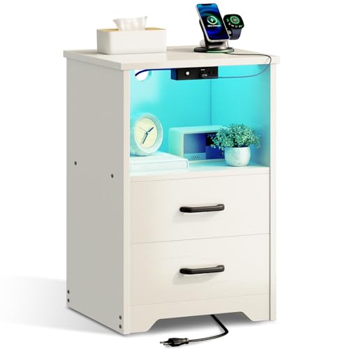 Coleshome Mesitas de Noche, Mesita de Noche Blanquecino con 2 Enchufes y 2 Puertos USB, LED de 10 Colores, Mesa de Noche Dormitorio con 2 Cajones de Madera y un Espacio de Almacenamiento, 1 Paquete