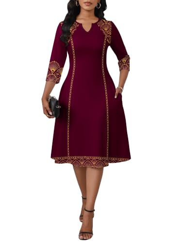 Image of PinkPatty Women's Casual 3 /4 Sleeve Midi Dresses Fit and Flare Church Work Dress with Pockets
