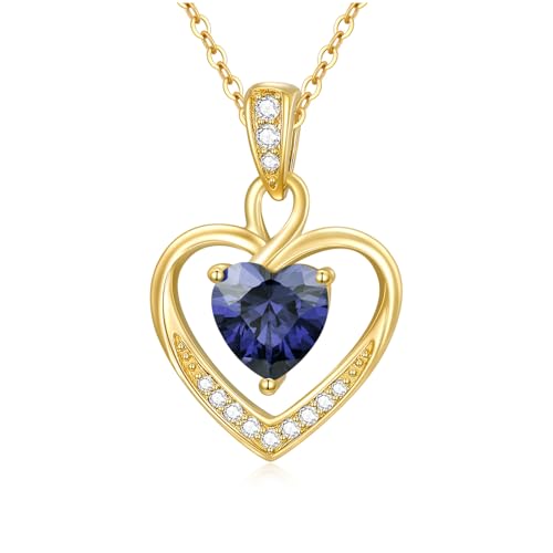 14K Gold Birthstone Heart Necklace for Women, Dainty Yellow Gold Colored Gemstone Love Heart Pendant Forever Love Jewelry Gift for Her,Mom, Wife 16