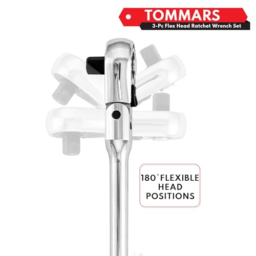 TOMMARS Flex-Head Ratchet Set, 1/4", 3/8", 1/2" Drive Flexible Ratchet Handle Wrench 72-Tooth Quick-Release Reversible Gift for Men Mechanic Hand Tools