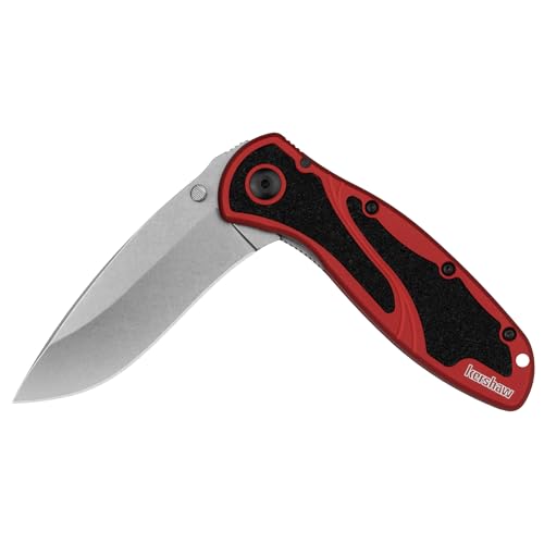 Image of Kershaw Blur Folding Pocket Knife, 3.4 inch Stonewashed 14C28N Steel Blade, Red Anodized Aluminum Handle with Black Trac-Tec Inserts, Reversible Pocketclip; 3.9 OZ