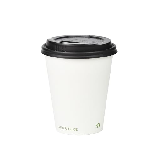 BIOFUTURE Biodegradable Coffee Cups – 50 x 6oz – 16oz (170ml – 450ml) Disposable Paper Cups with Lids – Eco-Friendly and 100% Compostable – Ideal for Tea, Coffee, and Hot Drinks (White, 8oz)