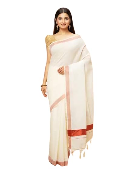Image of Women's Kerala Off white cotton saree with running blouse| Onam Saree | Vishu Saree | Traditional White Saree