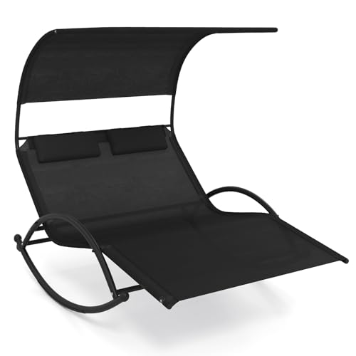 COSTWAY Chaise Longue Extérieur à Bascule, Transat à Bascule pour 2 Personnes, Lit de Repos 2 Places avec Auvent Pare-Soleil et 2 Oreillers Amovibles, Cadre en Métal Robuste, Charge 300 KG (Noir)