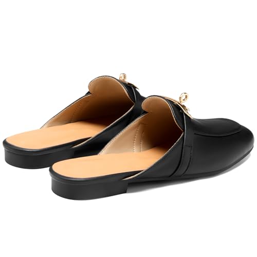 Image of Design Mules for Women, Almond Toe Slip-On Flats, Backless Loafers with Matal Buckle, Comfort Casual & Dressy Shoes