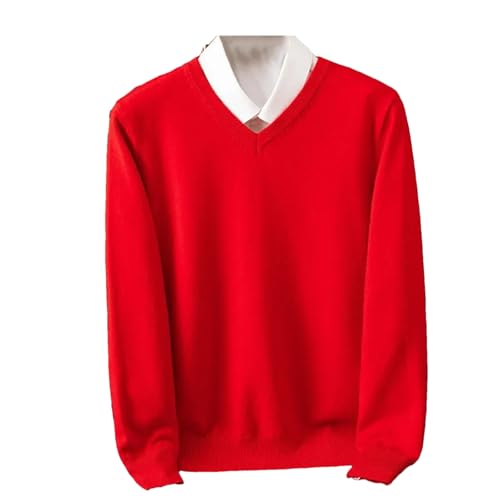 Fjnbbiot Maglione in Lana Merino da Uomo, con Scollo a V, Pullover Autunno Inverno, Colore Solido, Maglione Basic Versatile, Rosso, XXL