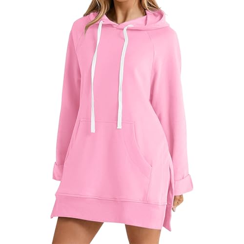 Sudadera con capucha de manga larga para mujer, de color liso, ajuste holgado, abertura lateral, mini vestido tipo sudadera para mujer, Y2K, para salir, ropa de calle para niñas, A#1 rosa, M
