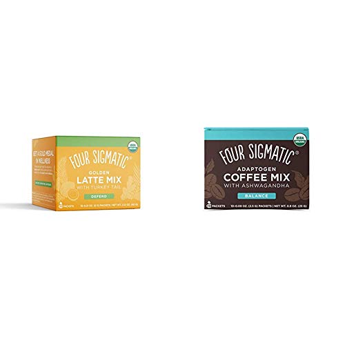 Four Sigmatic Golden Latte, Organic Instant Golden Latte with Shiitake Mushroom, 10 Count & Four Sigmatic Adaptogen Coffee, Organic Medium Roast Instant Coffee with Ashwagandha, 10 Count