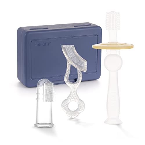 Image of haakaa Training Toothbrush Set Oral Care Kit, Soft Silicone Toothbrush for Baby, Infants, Toddlers & Kids, Bluestone