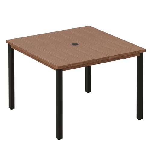 Image of VICLLAX Square Patio Dining Table for 4, Outdoor Patio Table with Umbrella Hole for Garden Lawn Deck Backyard, Walnut Tabletop