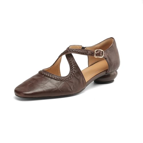 TinaCus Women's Round Toe Cross Straps Buckle Genuine Leather Handmade Low Heels Trendy Pumps Shoes