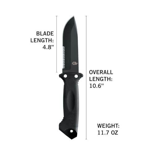 Gerber Gear LMF II Infantry Survival Knife, Military Grade Tactical Fixed Blade with Serrated Edge, Shock Absorbing Handle, Molle Sheath and Sharpener, Black