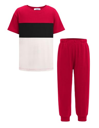Image of Arshiner Boy's Pants Set - 2 Piece ColorBlock Short Sleeve T-Shirt and Active Pants - Casual Clothing Outfits 5-12 Years