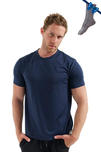 Merino.tech 100% Organic Merino Wool Lightweight Men's Base Layer Thermal T-Shirt + Hiking Wool Socks (Large, Navy)