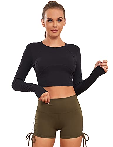1A1A Q-AY42104-01-BLACK-MAA Women’S Long Sleeve Crop Tops Tank Back Hollow Thumbholes Yoga Fitness Black Medium thumb #2