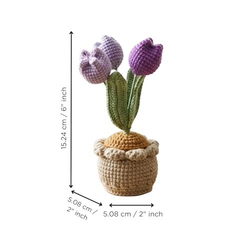 Image of eCraftIndia Artificial Handmade Crochet Purple Tulip Flower Bouquet with Pot for Table Decor Car Dashboard Office Desk Home Decoration Item | Gift for Friends Mothers Day Teachers Day Anniversary