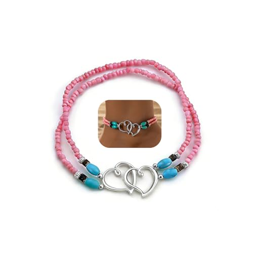 Image of Elastic Beaded Ankle Bracelets for Women Double Heart Layered Stretch Ankle Bracelets Waterproof Dainty Boho Beaded Anklets for Summer Beach Foot Jewelry