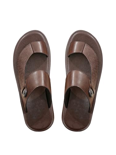 GORGLITTER Men's Beach Leather Double Band Studded Sandals Toe Post Flat Shoes Pu Slide Slippers