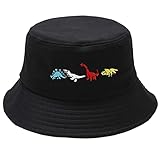 Dinosaur Embroidered Black Bucket Hat Beach Sun Hat for Women Men Summer Sun Protection Fishing Hat