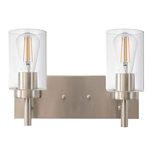 Review VINLUZ 2 Light Sconces Wall Lighting Brushed Nickel Modern Wall Lamp with Clear Glass Shade Vintage Bathroom Vanity Light, Industrial Wall Mounted Light Fixtures Bedroom Kitchen Stairs