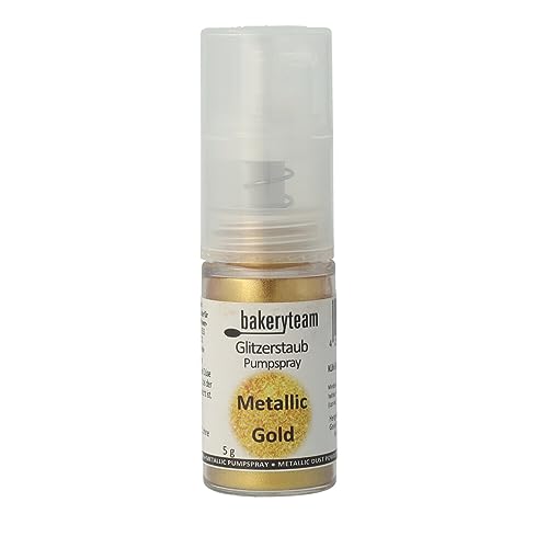 bakeryteam veganes Metallic Dust Gold Pump-Puder ohne Treibmittel für einen gleichmäßigen goldenen Glanz auf allen Backkreationen und anderen Lebensmitteln 5 g