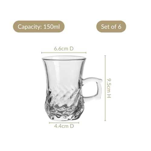 Image of Nestasia Set of 6 Transparent Glass Tea Cups (150ml Each) - Swirl Embossed Durable & 100% Food-Safe Coffee Mugs | Perfect for Coffee, Tea, Hot & Cold Beverages