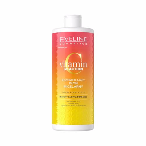 Eveline Cosmetics Vitamin C 3x Action Illuminierendes Mizellenwasser mit Vitamin C & OrangenblĂĽtenhydrolat, 500ml - Belebender Make-up Entferner, Vegan
