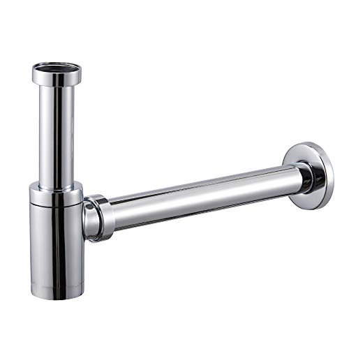 Universal Siphon für Waschbecken & Waschtisch, passt zu Abflussgarnitur, inkl. Geruchsverschluss mit Reinigungsöffnung, Gummimanschette, Röhrensiphon, Höhe verstellbar, 1 1/4 Zoll x 32 mm Chrom Cover