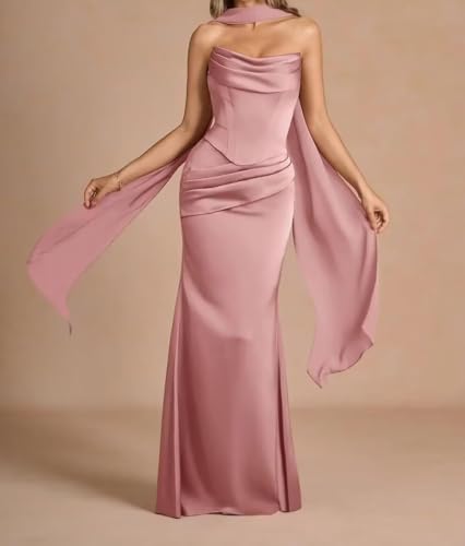 Strapless Bridesmaid Dresses with Scarf Satin Mermaid Prom Dress Long Pleated Formal Party Evening Gown AS093