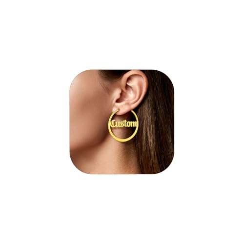 Custom4U Bamboo Hoop Earrings for Women Gold/Silver/Black Large Name Earrings Personalized - Hypoallergenic Lightweight Big Thick Hoops 30/40/50/60/70/80mm - Custom Made Birthday Christmas G