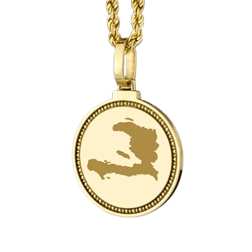 WORLD WIDE GEMS Pendentif rond en argent sterling 925, gravé d'une carte d'Haïti (25 mm), plaqué or, bijou de voyage unisexe | WW_EGMP_0186