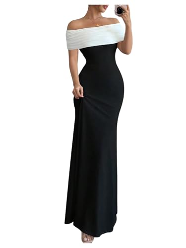 SOLY HUX Women's Off The Shoulder Color Block Bodycon Fishtail Long Maxi Dress Party Cocktail Outfits