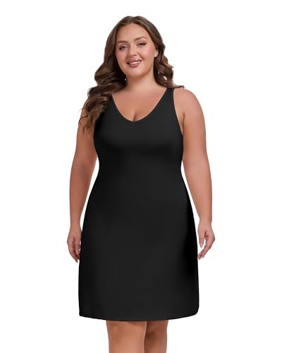 Image of Women's Plus Size Full Slip for Under Dresses V Neck Cami Dress Long Nightgown Black 20 Plus