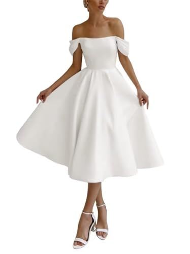 A Line Off Shoulder Tea Length Satin Wedding Dresses for Bride, Ivory Homecoming Cocktail Party Dress