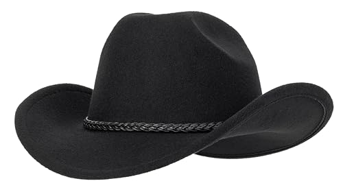 Fgss Classic-Western-Cowboy-Hat Upturn-Brim Felt-Cowgirl-Hat Rodeo-Hat With Belt For Women Men (Fit For 22.4-23.2") Black thumb #1