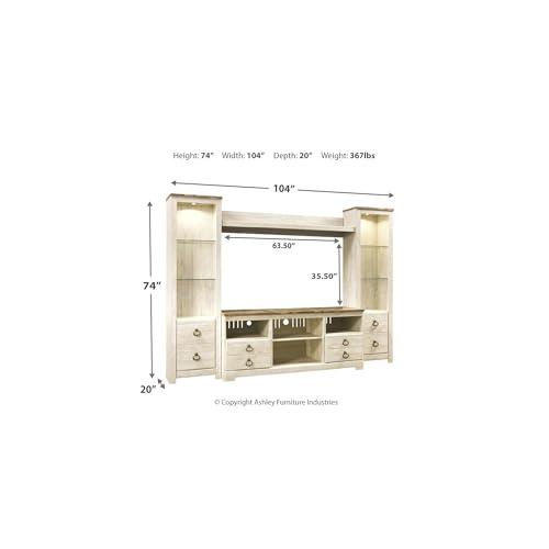 Signature Design by Ashley Willowton Vintage 4-Piece Entertainment Center for TVs up to 72" with LED Lights, Whitewash