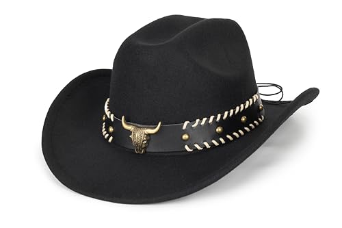 Image of Wide Brim Men and Women's Western Cowboy Hat Fedora-Jazz-Hat with Bull Head Band Decoration