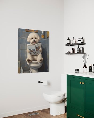 Image of Bichon Frise on Toilet Wall Art Print Canvas Wrapped, Dog Bathroom Humor Decor Posters Prints for Restroom Home Picture Painting Artwork Gallery 7 (Bichon Frise, 20 inchL x 16 inchW CANVAS, Wrapped Canvas)