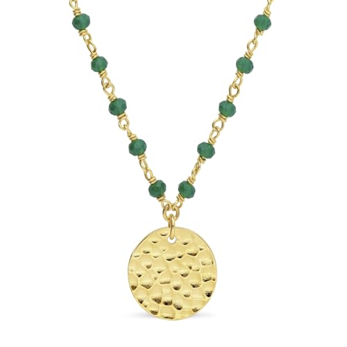 Collier pierres vertes et médaille martelée 15 mm en finition Plaqué Or durable