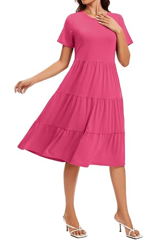 Image of Womens Summer Short Sleeve Crew Neck Midi Dress 2026 Casual Fit Flowy Tiered Beach Vacation Sundress with Pockets