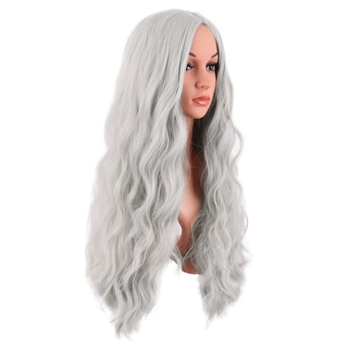 Image of MapofBeauty 28 Inch /70 cm Long Wavy Middle Part with No Bangs Synthetic Fiber Curly Fashion Women Party Cosplay Wig (Silver)
