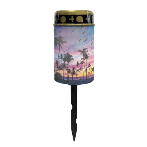 Image of Poceacles Solar Lights Outdoor Solar Powered Outdoor Cemetery Stake Candle Grave Lamp Landscape Lighting Waterproof Grave Flameless Candle, Palm Tree Beach Sunset Pattern Violet Blue
