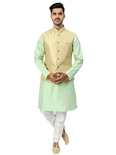 Image of Uri and MacKenzie Men's Silk Blend Regular Kurta Churidar Pyjama with Bundi Nehru Jacket /Waistcoat