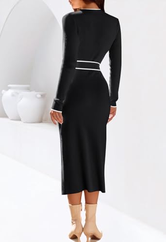 MEROKEETY Women's 2025 Long Sleeve Midi Sweater Dress Fall Mock Neck Color Block Tie Waist Bodycon Knit Dresses4