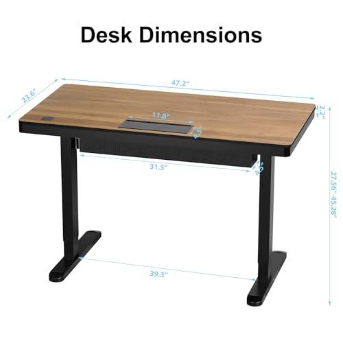 Image of Electric Standing Desk with Drawer and Wireless Charging, 48 Inch Sit Stand Desk with USB Charging Station, Hidden Cable Management Tray, Height Adjustable Computer Desk for Home Office, Walnut